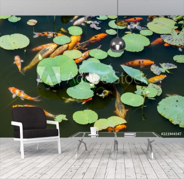 Bild på Tranquil koi pond with lily pads and lotus flower